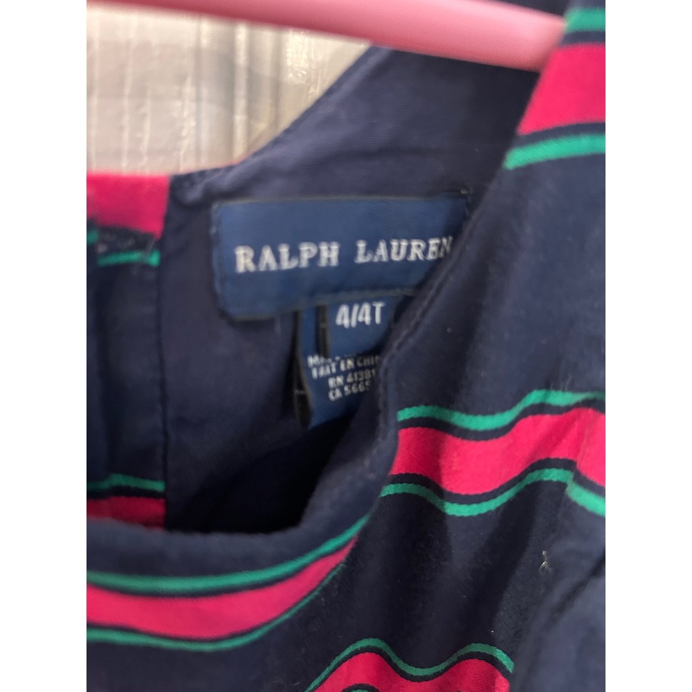 Ralph Lauren Dress‎ Navy Blue Pink Green Striped Button Back Fit Flare 4/4T Kids - Picture 3 of 7